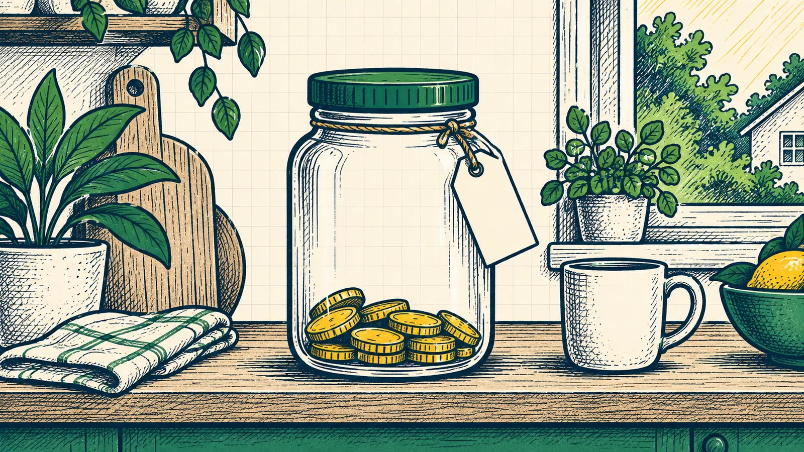 El frasco del fondo, ya con algo adentro, sobre la mesa de la cocina