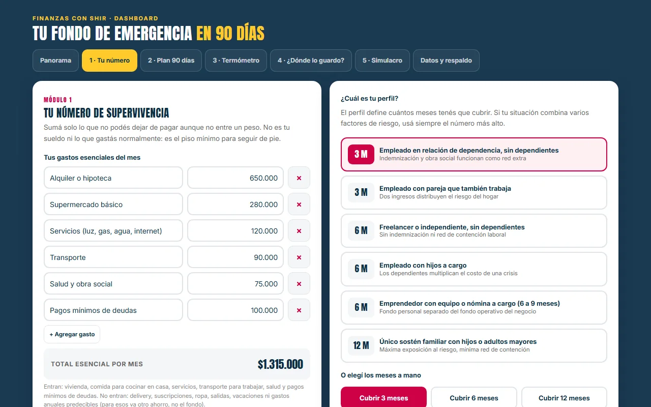 El tablero en el módulo Tu número: los gastos esenciales sumados