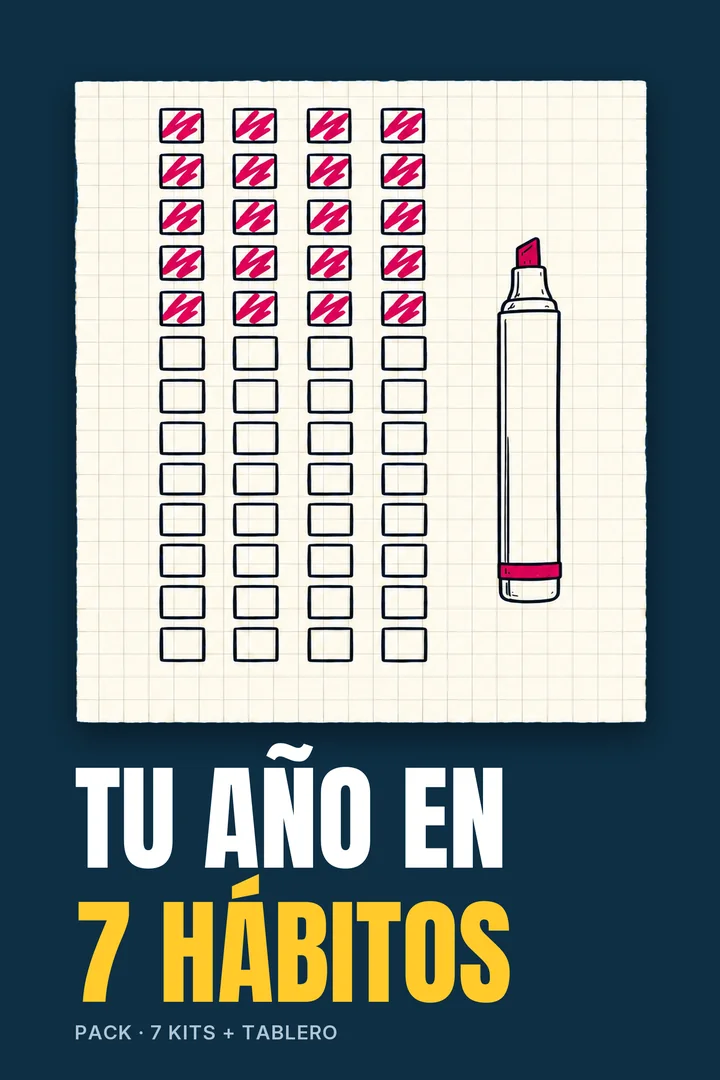 Tapa de Tu Año en 7 Hábitos: una grilla de casilleros tachados y un marcador