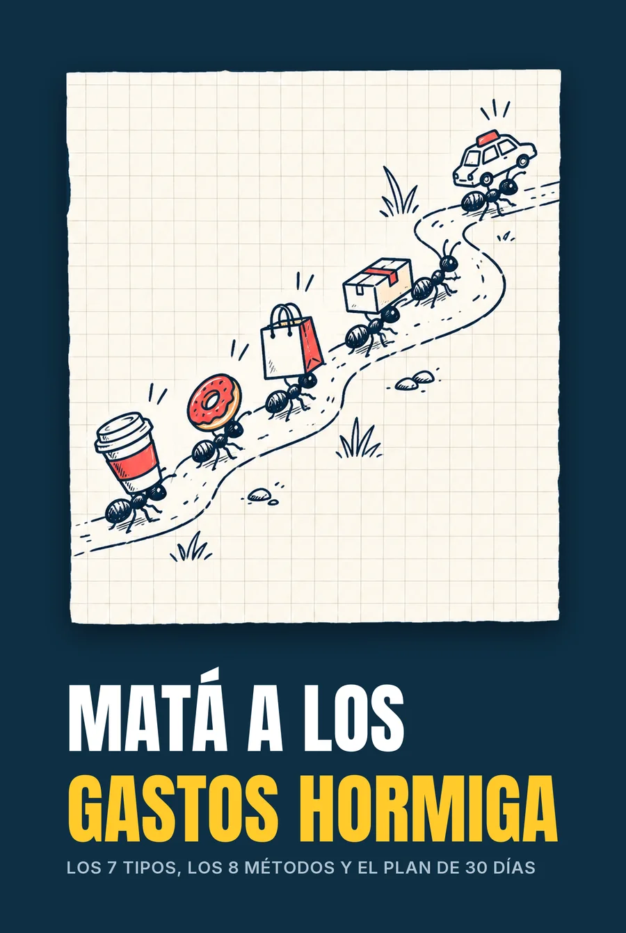 Tapa de Mata a los Gastos Hormiga: hormigas cargando café, dona, bolsa, caja y auto