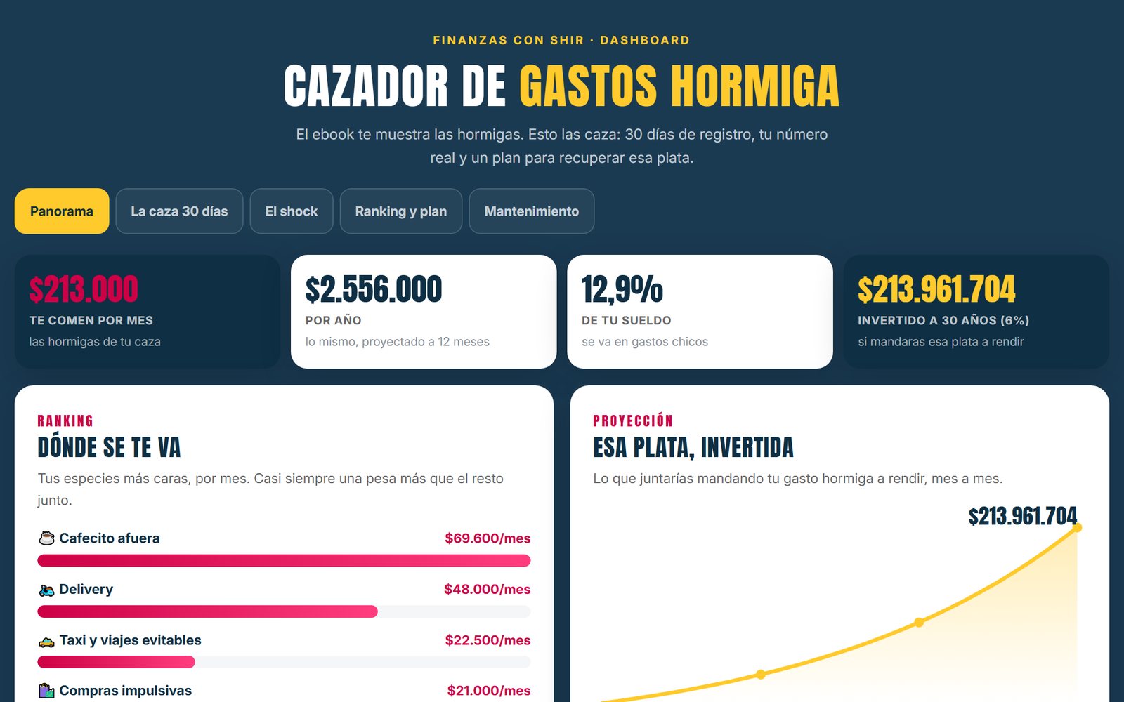 El Cazador de Gastos Hormiga en la pestaña Panorama: cuánto te comen por mes, por año y qué parte del sueldo