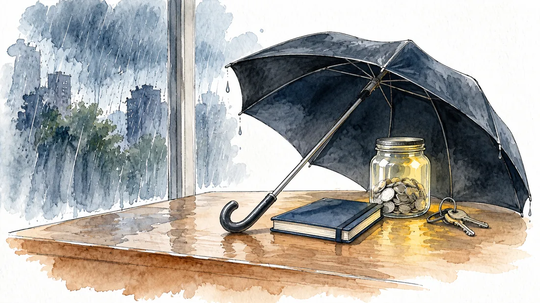 Acuarela de un paraguas abierto que protege de la lluvia un frasco con monedas, un cuaderno cerrado y unas llaves apoyados en la mesa