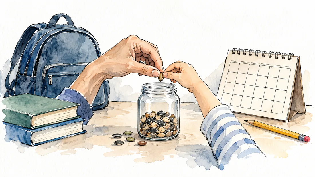 Acuarela de una mochila escolar, dos libros y un frasco con semillas; una mano adulta y una mano chica sostienen juntas una semilla