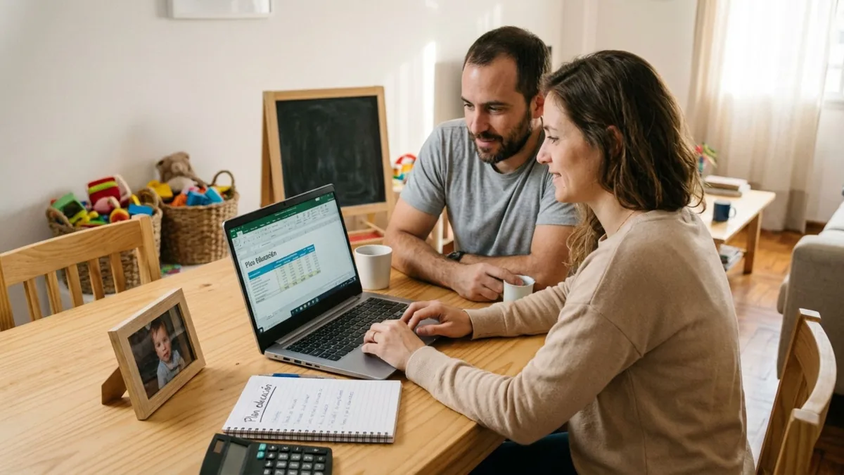 Foto de una pareja que mira en la laptop una planilla de plan de educación, con juguetes de chico al fondo