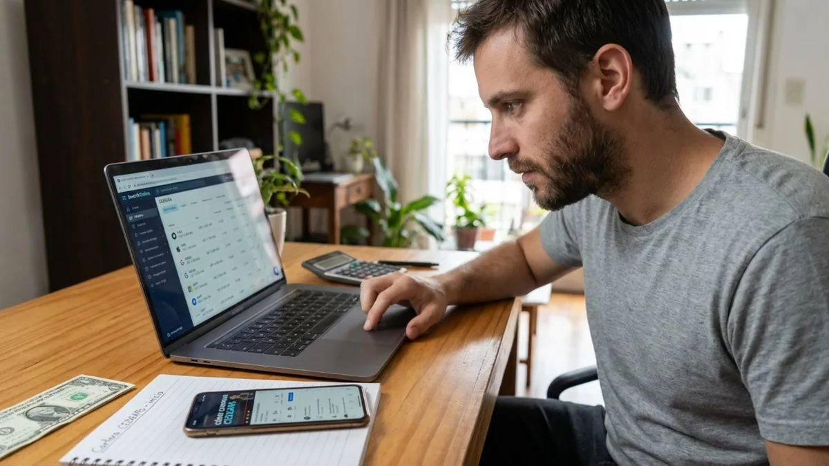 Foto de un hombre que mira una lista de cotizaciones en la laptop, con un celular, una calculadora y un billete de dólar