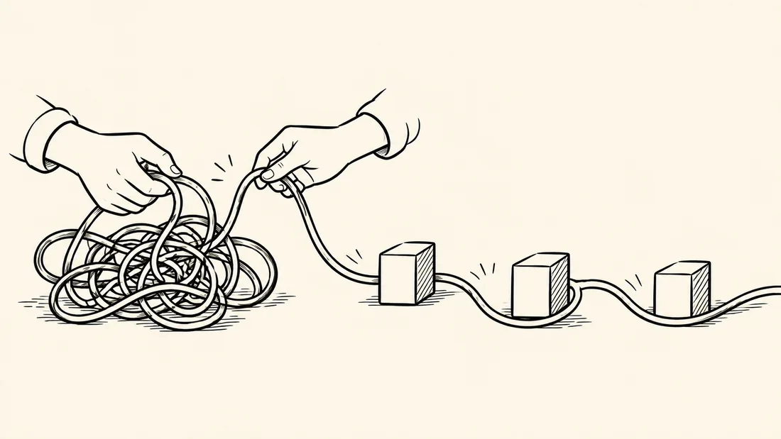 Acuarela de una mano que desenreda con paciencia un cable, y el tramo ya desenredado se convierte en un camino despejado