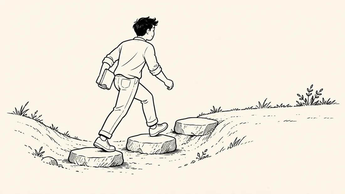Acuarela de una persona que cruza tres piedras firmes para salir de un hueco poco profundo hacia el piso parejo, con un cuaderno en la mano