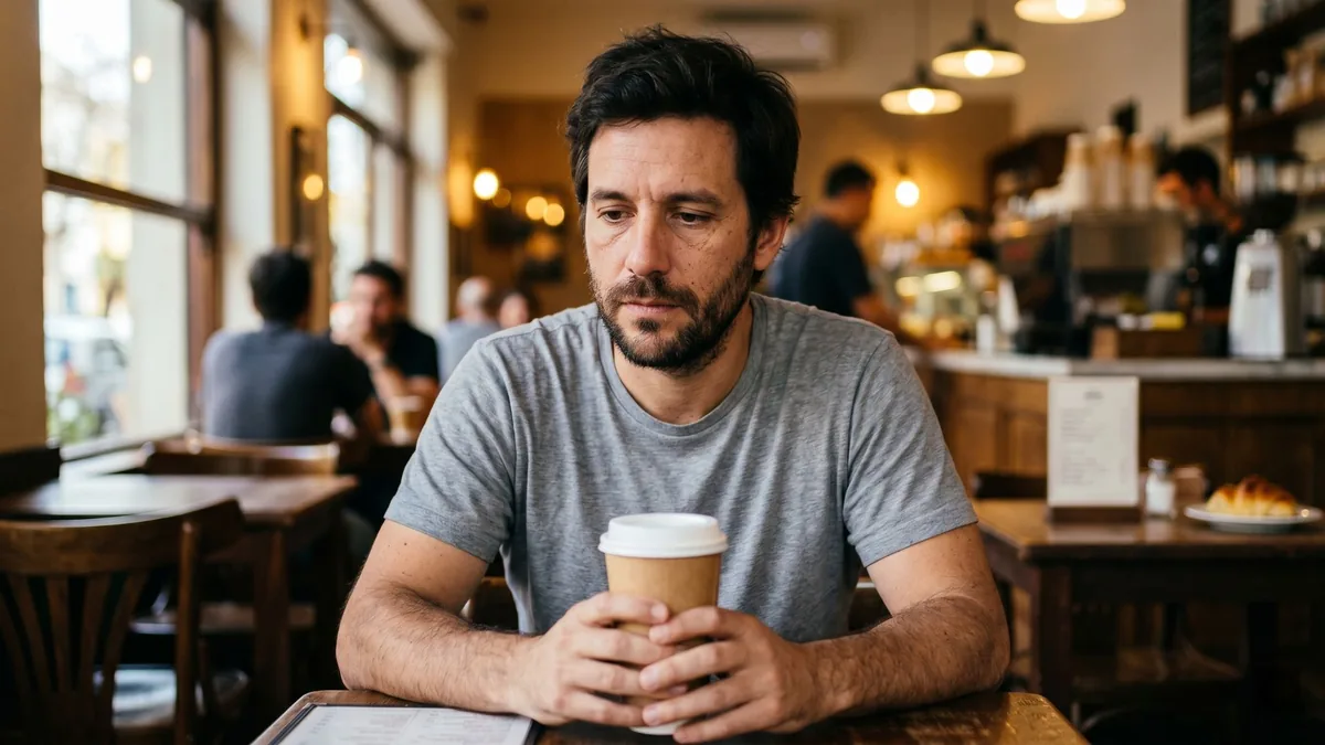 Foto de un hombre serio sentado en un café, sosteniendo con las dos manos un vaso de café para llevar