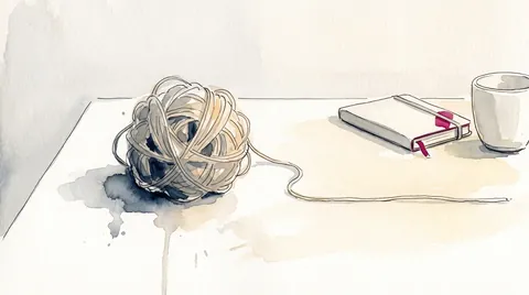 Un ovillo enredado que se desenreda dentro de un cuaderno ordenado