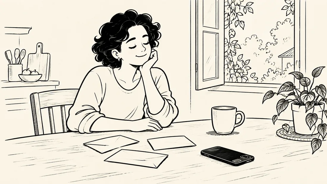 Acuarela de una mujer que hace una pausa en la mesa de la cocina, con los ojos cerrados y las manos quietas junto a unos sobres y el teléfono dado vuelta