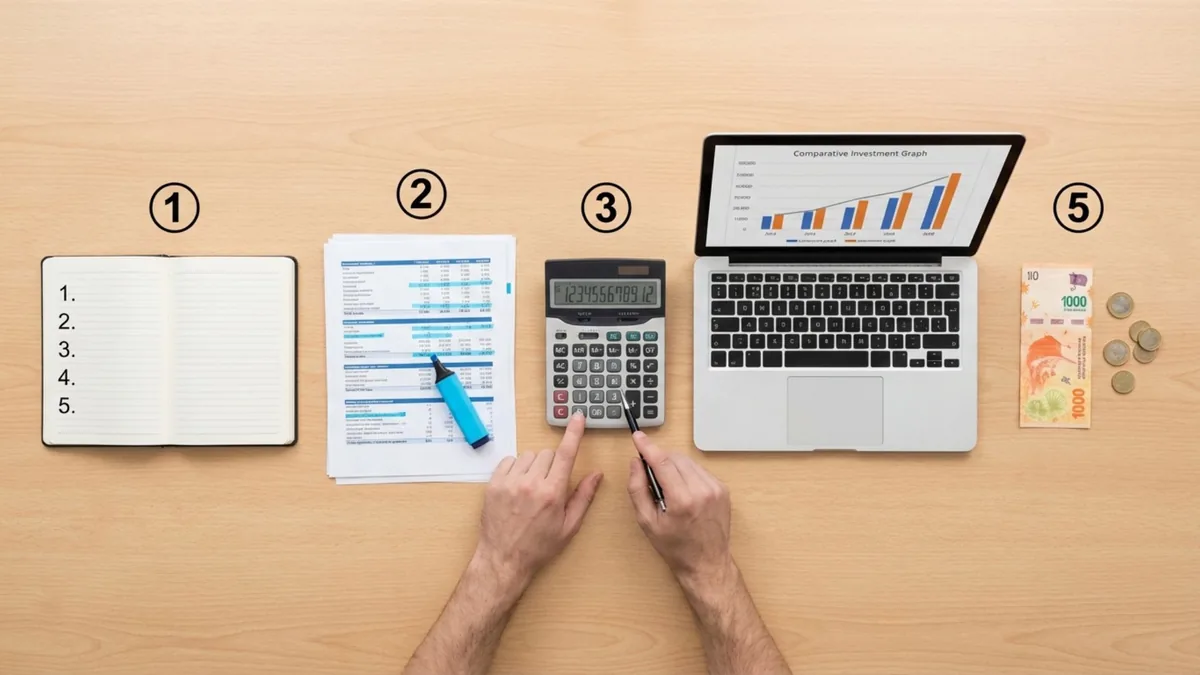 Foto cenital de objetos numerados en fila: cuaderno, planilla, calculadora, laptop con un gráfico de barras y billetes