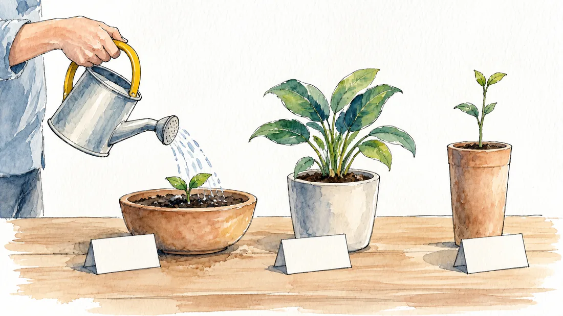 Acuarela de tres macetas de distinto tamaño con plantas en distinto punto de crecimiento, y una mano que acerca la regadera
