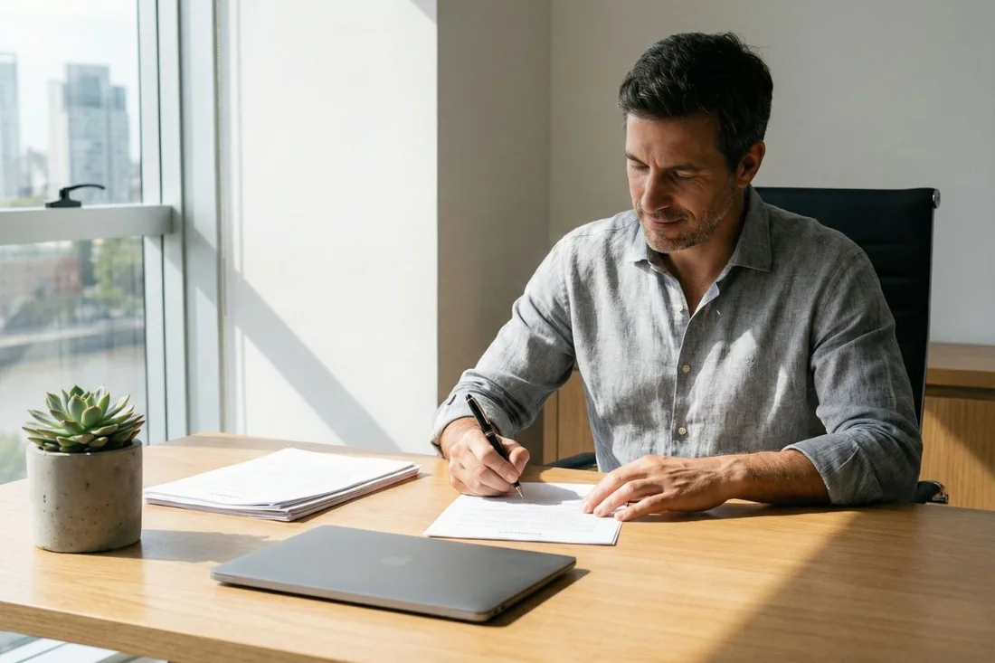 Persona firmando contrato de seguro con confianza