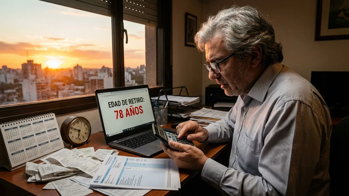 Foto de un hombre mayor con una calculadora ante una laptop que dice 'Edad de retiro: 78 años', con el atardecer detrás