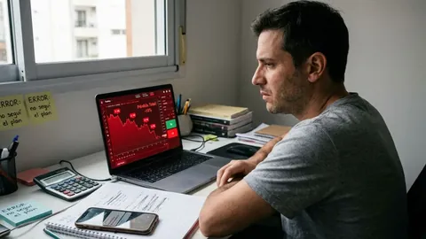 Foto de un hombre serio ante una laptop con un gráfico de pérdidas en rojo y notas que dicen 'Error: no seguí el plan'