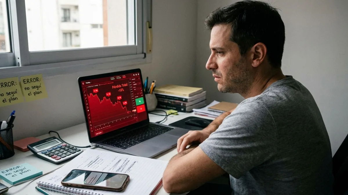 Foto de un hombre serio ante una laptop con un gráfico de pérdidas en rojo y notas que dicen 'Error: no seguí el plan'