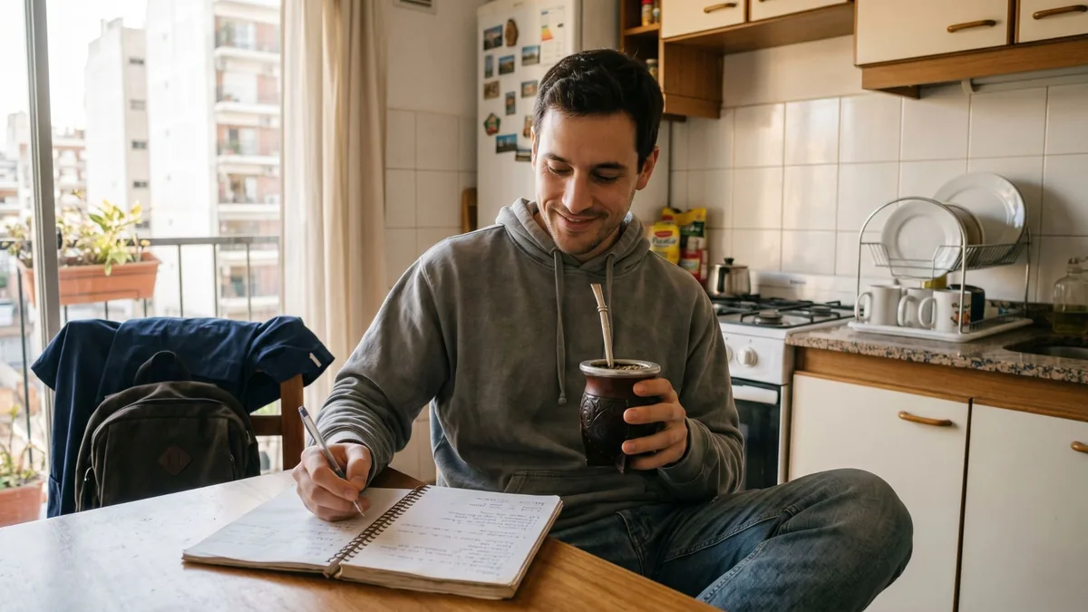 Foto de un hombre joven en la cocina que toma mate mientras anota en un cuaderno, con una mochila colgada de la silla