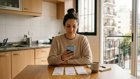 Foto de una mujer en la cocina que mira el celular, con tres tickets de compra alineados sobre la mesa y una taza de café
