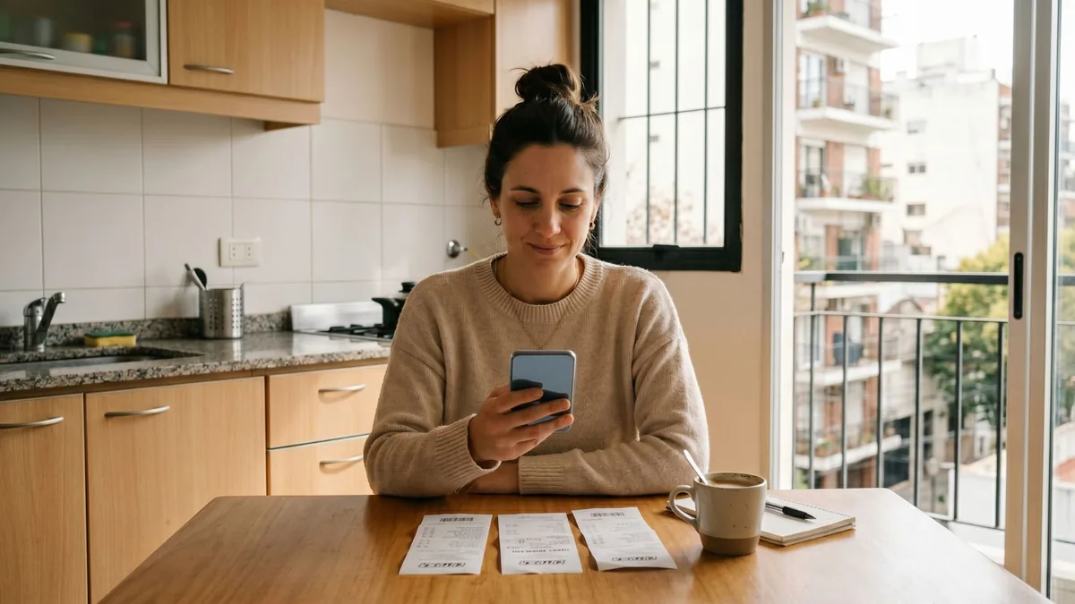 Foto de una mujer en la cocina que mira el celular, con tres tickets de compra alineados sobre la mesa y una taza de café