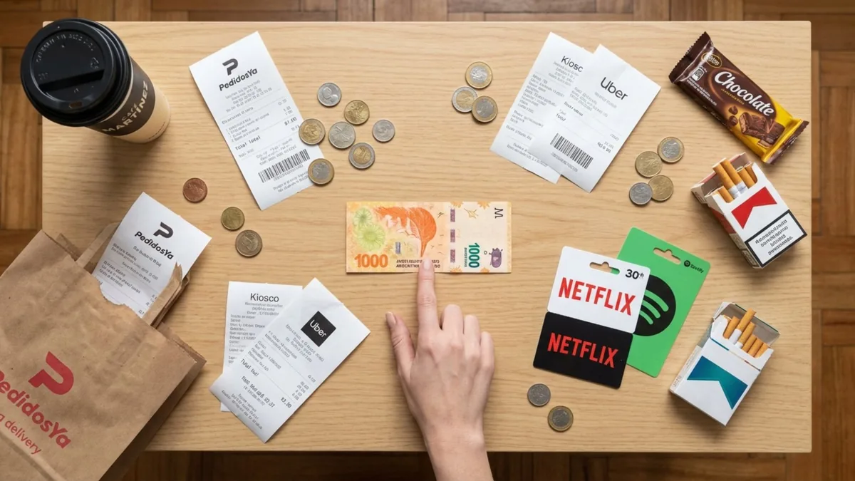 Foto cenital de una mesa con tickets de delivery y kiosco, monedas, café, cigarrillos y tarjetas de streaming, y un billete