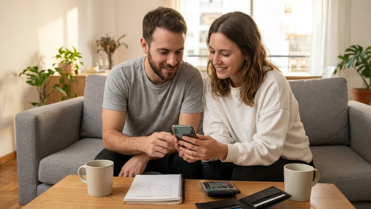 Foto de una pareja sonriente en un sillón que mira junta un celular, con tazas, un cuaderno, una calculadora y una billetera