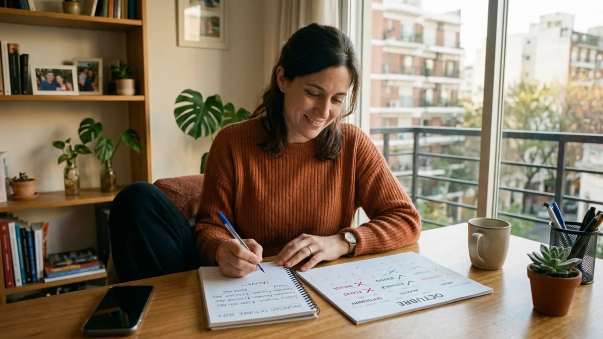 Foto de una mujer que anota sonriendo en un cuaderno, al lado de un calendario mensual con tildes y cruces, junto a un balcón
