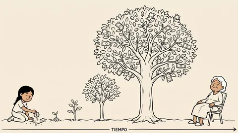 Ilustración a línea de una nena que planta una moneda, un árbol que crece hasta dar billetes y una anciana sentada
