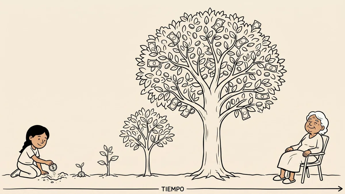 Ilustración a línea de una nena que planta una moneda, un árbol que crece hasta dar billetes y una anciana sentada