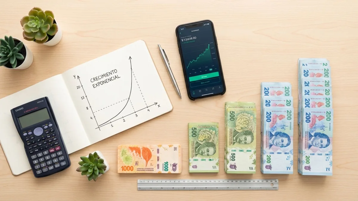 Foto cenital de pilas de billetes en pesos cada vez más altas y un cuaderno con una curva de crecimiento exponencial