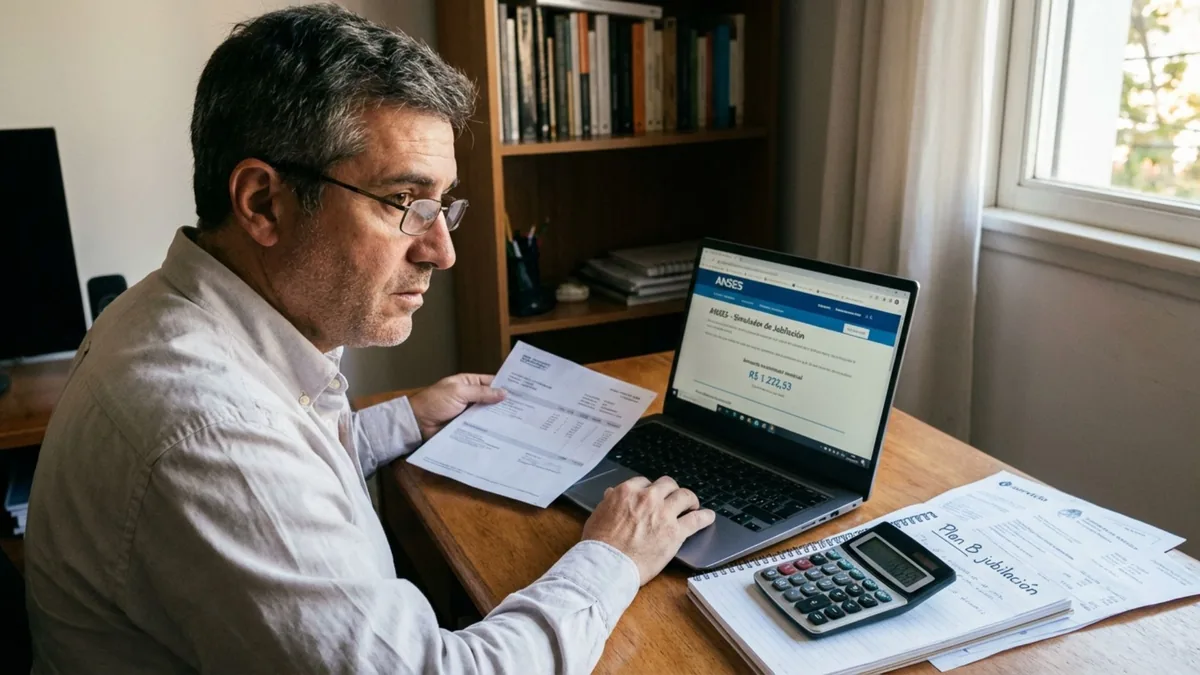 Foto de un hombre de anteojos con un papel en la mano ante una laptop abierta en el simulador de jubilación de ANSES