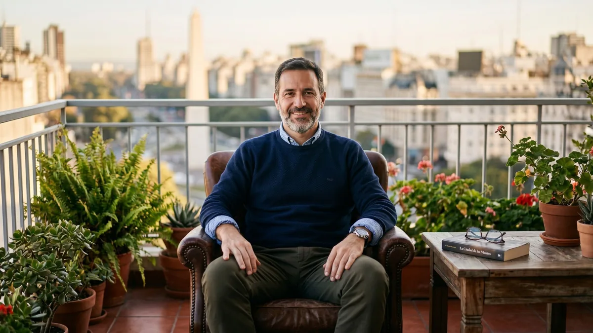 Foto de un hombre de barba canosa sentado en un sillón de cuero en una terraza con plantas, con el Obelisco al fondo