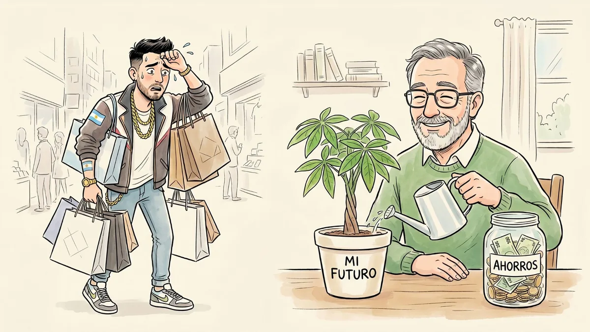 Ilustración de un joven cargado de bolsas de compras junto a un hombre mayor que riega una planta rotulada 'Mi futuro'