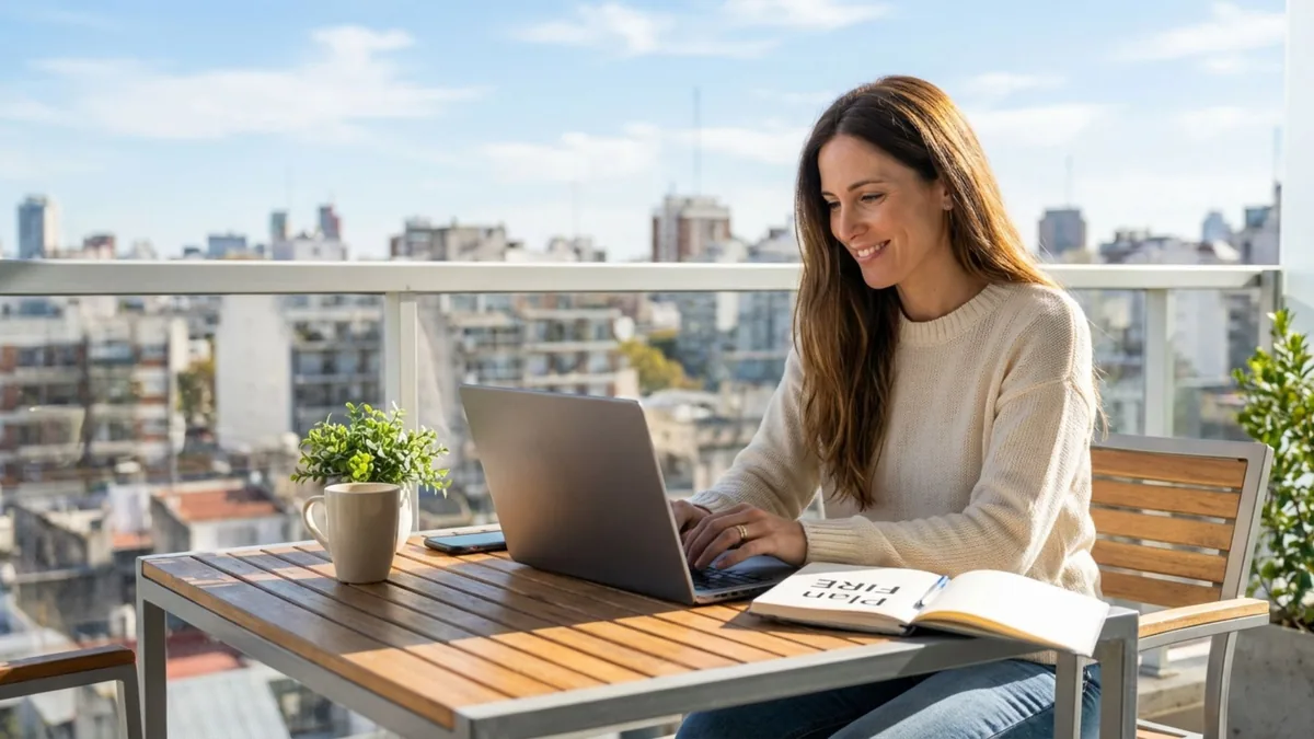 Foto de una mujer sonriente que escribe en la laptop en un balcón con vista a la ciudad, con un cuaderno 'Plan FIRE'