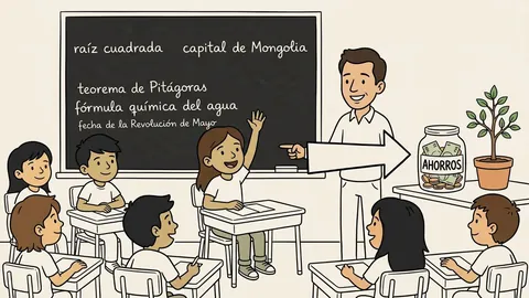 Ilustración de un aula con chicos en pupitres y un maestro que señala, desde el pizarrón, un frasco de ahorros y una planta