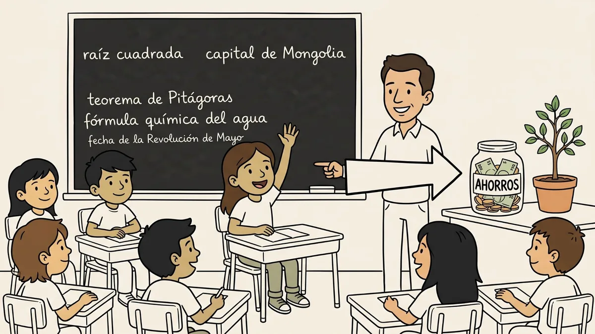 Ilustración de un aula con chicos en pupitres y un maestro que señala, desde el pizarrón, un frasco de ahorros y una planta