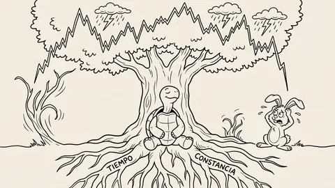 Ilustración a línea de una tortuga tranquila bajo un árbol con raíces 'Tiempo' y 'Constancia', y un conejo asustado