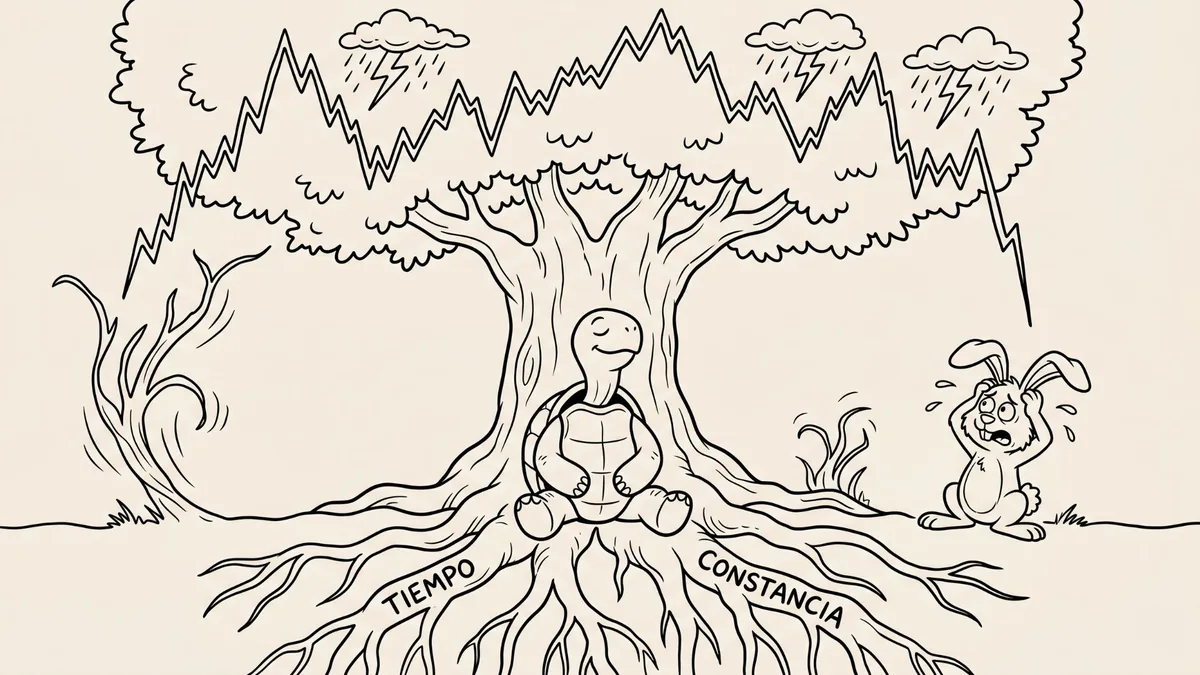 Ilustración a línea de una tortuga tranquila bajo un árbol con raíces 'Tiempo' y 'Constancia', y un conejo asustado