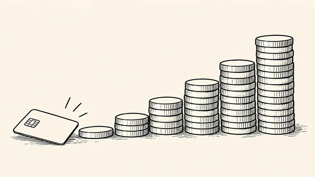 Acuarela de una tarjeta de crédito sin marca apoyada al pie de una escalera hecha con pilas de monedas cada vez más altas