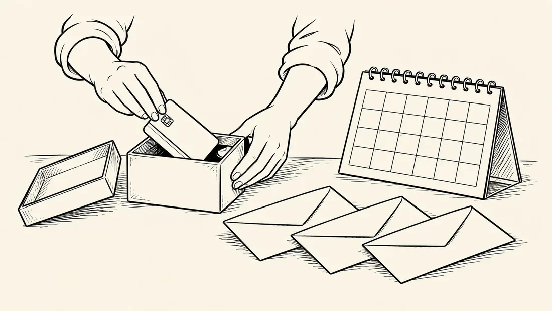 Acuarela de unas manos que guardan la tarjeta en una caja chica y acomodan tres sobres al lado de un calendario en blanco