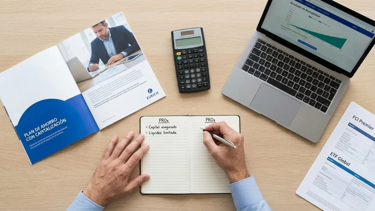 Foto cenital de dos manos que anotan pros en un cuaderno, entre un folleto de plan de ahorro con capitalización y una laptop