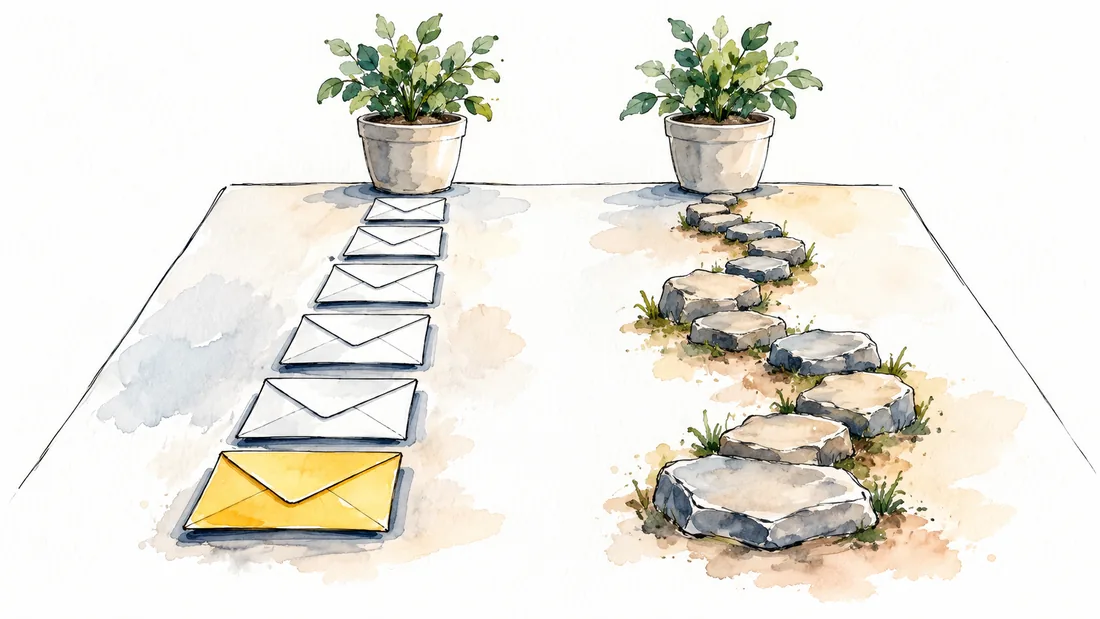 Acuarela que compara dos recorridos de papel: a la izquierda sobres iguales en línea recta, a la derecha un sendero de piedras que sube ondulando