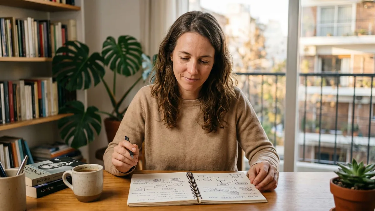 Foto de una mujer de pelo ondulado que escribe en un cuaderno con esquemas, en una mesa con libros, una taza y un balcón