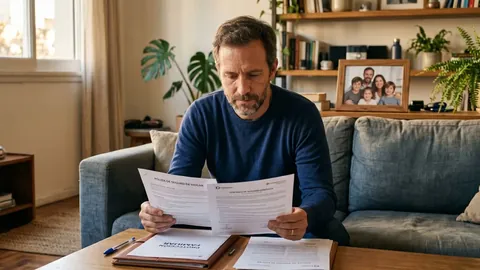 Foto de un hombre en el living que lee dos pólizas de seguro, con una carpeta de protección familiar y un retrato familiar