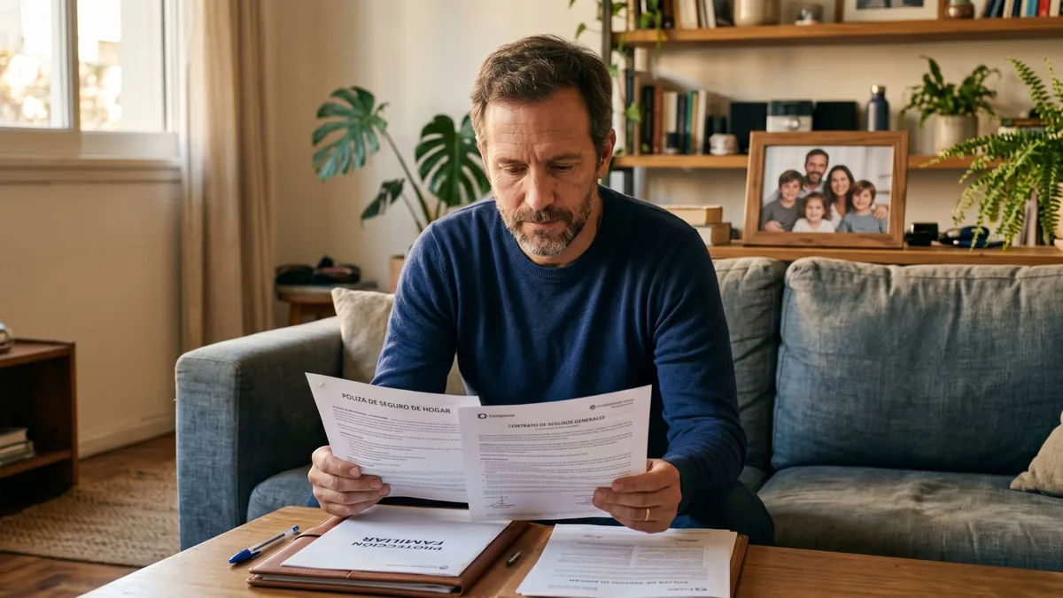 Foto de un hombre en el living que lee dos pólizas de seguro, con una carpeta de protección familiar y un retrato familiar