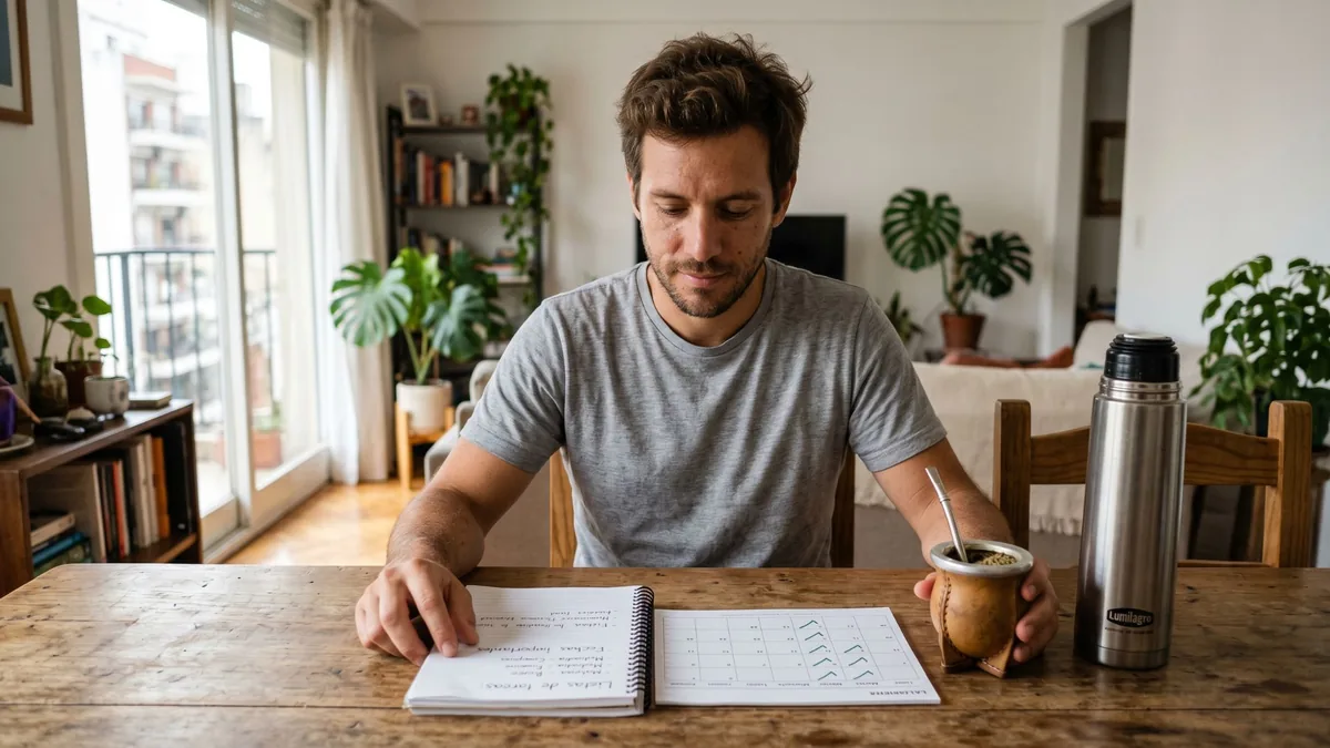 Foto de un hombre que toma mate en la mesa con un termo al lado, frente a un cuaderno con una lista y una grilla de casillas