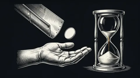 Una mano abierta recibiendo una moneda que baja por un canal, y un reloj de arena casi vacio