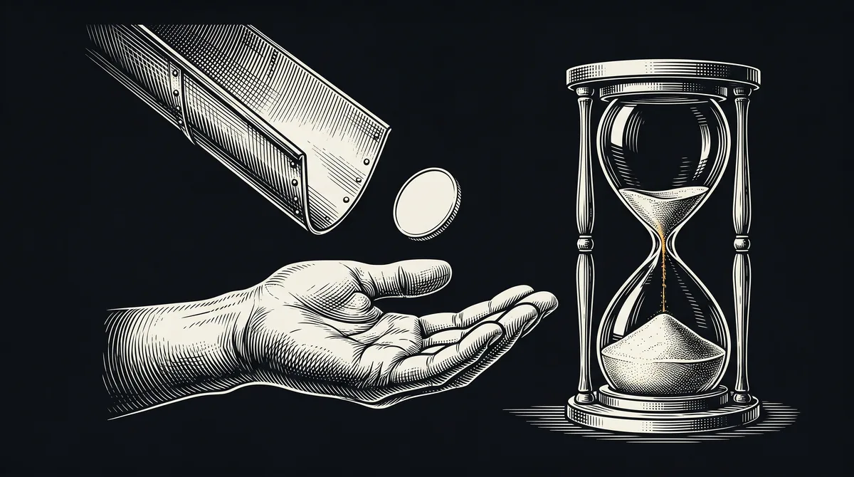 Una mano abierta recibiendo una moneda que baja por un canal, y un reloj de arena casi vacio