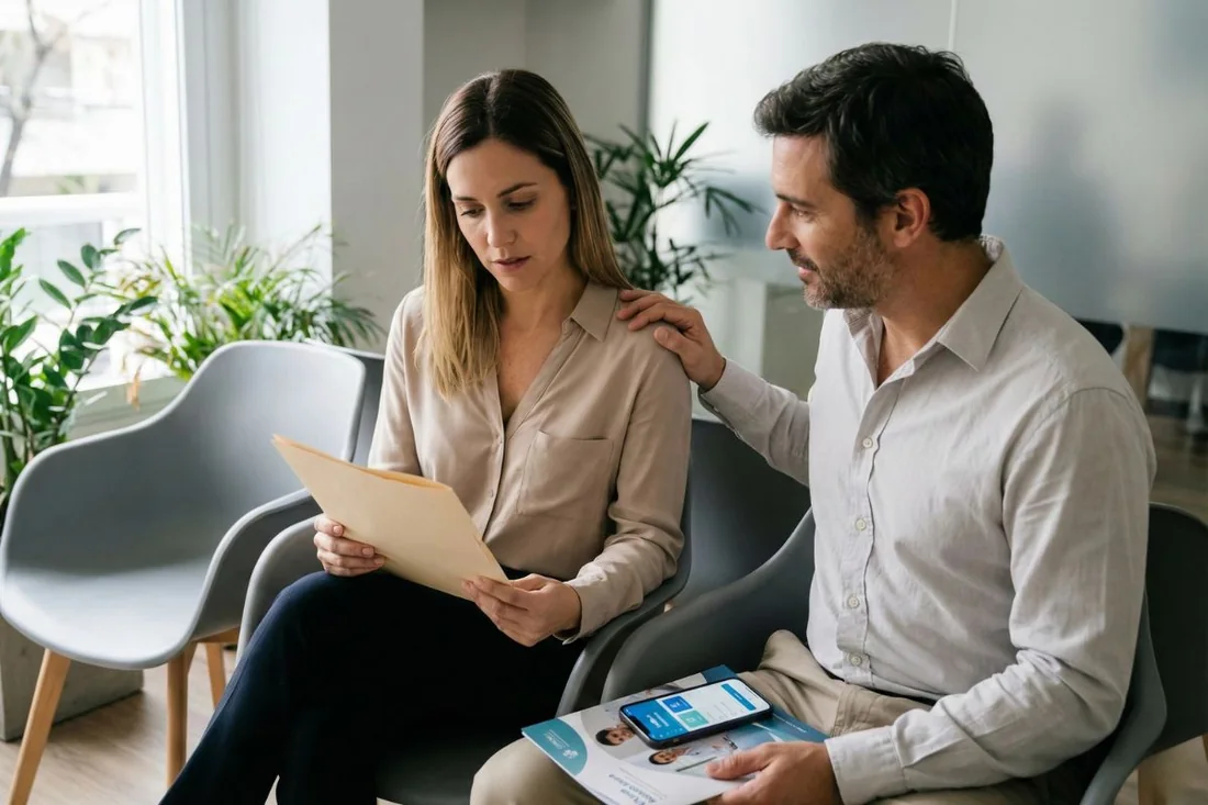 Pareja en consultorio médico planificando protección financiera