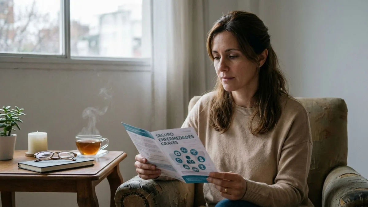 Foto de una mujer en un sillón que lee un folleto de seguro de enfermedades graves, junto a una taza de té humeante