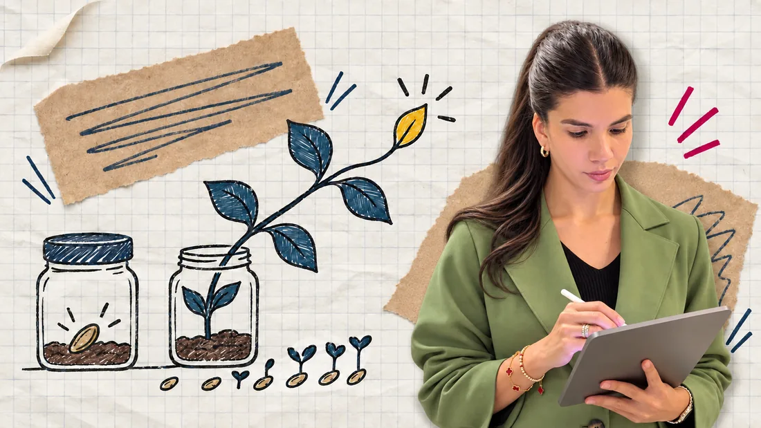 Collage de Shir Ladino con una tablet junto a dos frascos, uno con una semilla y otro con una planta que crece, y una fila de semillas
